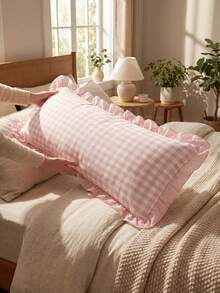 1 Stück süßer rosa Rüschen minimalistischer karierter plissierter langer Bolsterbezug - Weicher Polyesterstoff, dekorativer Lendenkissenbezug für Schlafzimmer und Sofa, Frühlingsdekoration, geeignet für alle Jahreszeiten - Pink - Übersicht 3