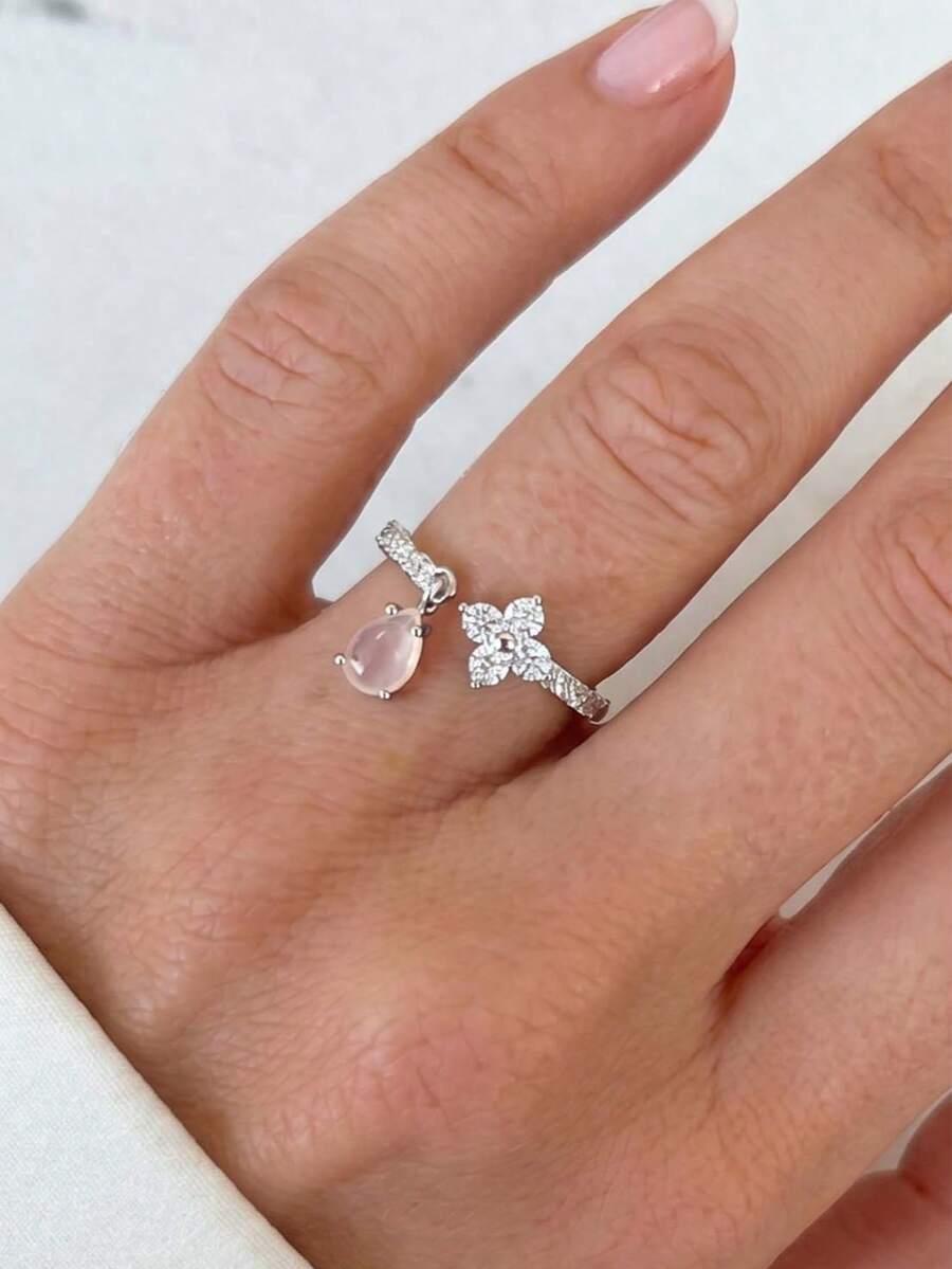 1pc Exquisite Silver Open Ring, Teardrop Shaped Synthetic Moonstone, Rhinestone Clover Flower, Adjustable Open Ring, Aesthetic Style, Sweet Style, Pure Girl Jewelry - Silver - View 1