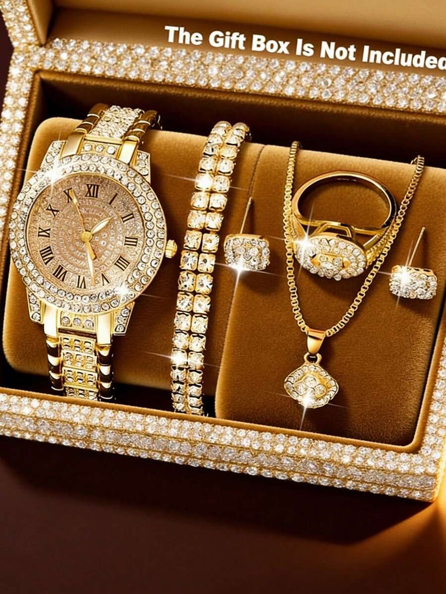 6件組女款金色奢華飾品套組,水鑽羅馬數字面盤石英手錶搭配手鍊、戒指、項鍊與耳釘,優雅迷人,適合送給女友或閨蜜的生日、情人節或畢業禮物 - 金色 - 查看 1
