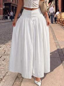minisummer Woman Fall Elegant White Textured Maxi Skirt, High Waist Front Button Pleated Flowy A-Line Long Swing Skirt For Daily Holiday - White - View 7