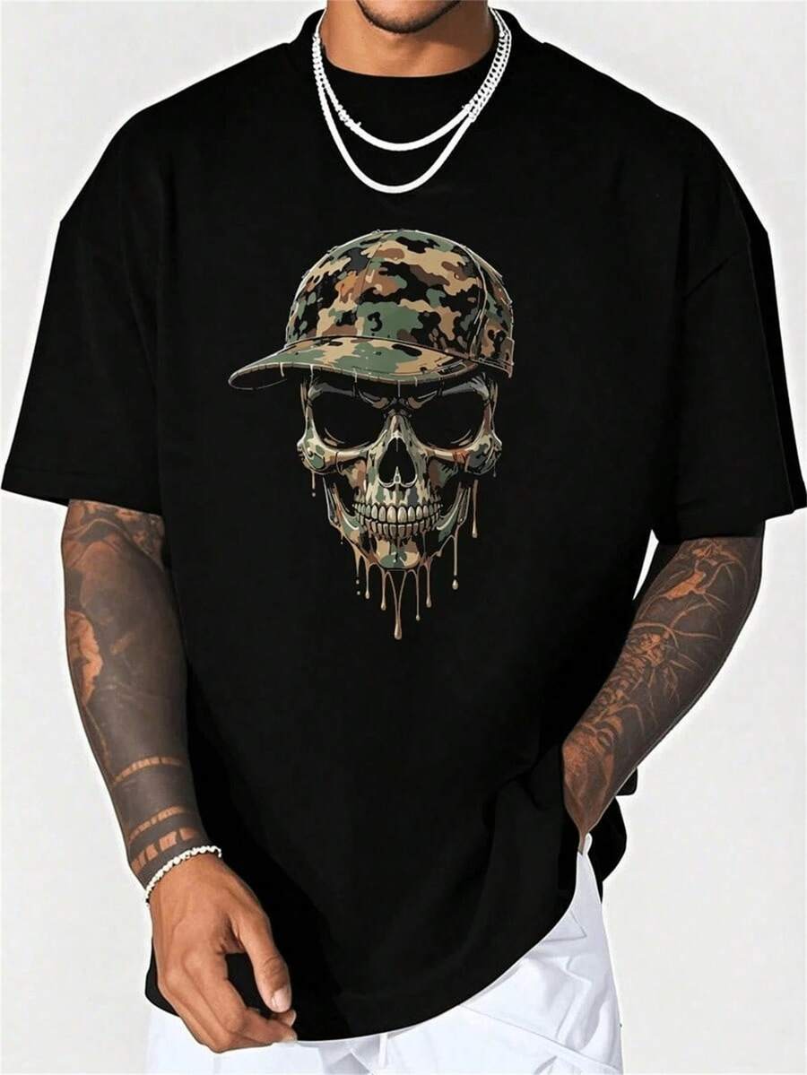 Camiseta Negra Estampada de Algodón Puro de, Talla Grande, Suave, Casual, con Diseño de Calavera y Gorra de Camuflaje, Regalo de Halloween para Hombre S8YG - Negro - Ver 1