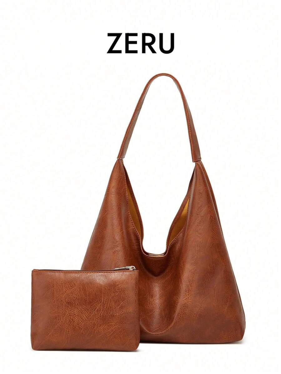 Bolso de mano vintage, casual y simple, de gran capacidad, bolso de hombro para mujer - Marrón - Ver 1