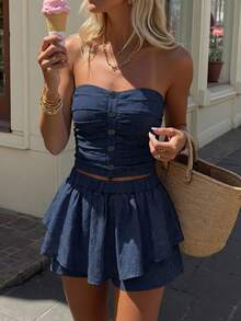Set di top bandeau casual con bottoni e skort in tinta unita per vacanze, spiaggia, estate, elegante, abbigliamento da resort - Blu Navy - Visualizzare 1