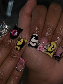 24pcs Y2K Long Duckbill Star Leopard Print French Press-On Nails, Rhinestone And Stud Decor, Acrylic Fake Nails Set, Includes: 1pc Jelly Glue And 1pc Nail File. Gothic Style. - Multicolor - View 1