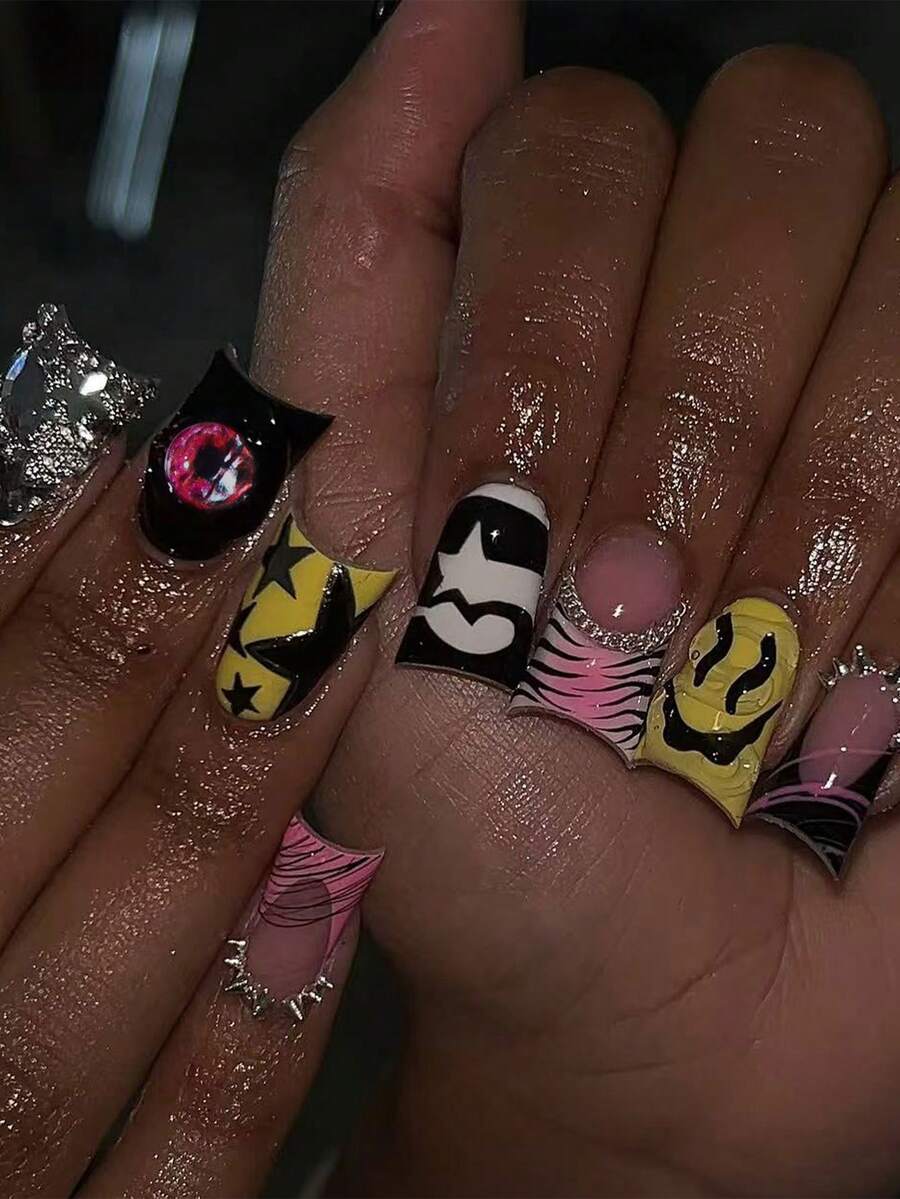 24pcs Y2K Long Duckbill Star Leopard Print French Press-On Nails, Rhinestone And Stud Decor, Acrylic Fake Nails Set, Includes: 1pc Jelly Glue And 1pc Nail File. Gothic Style. - Multicolor - View 1
