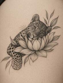 1片黑灰色素描豹紋與蓮花枝葉結合圖案臨時紋身貼紙，逼真紋身設計。適合旅行、音樂節、遊戲、畢業禮物。可維持3-5天。 - 黑色 - 查看 3