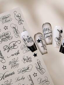 1pc French Vintage Nail Sticker, With Vintage Calligraphy Design, Elegant Self-Adhesive Nail Sticker - Black - View 4