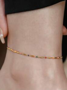 1pc Bohemian Beach Style Personalized Anklet, Simple Metal Turquoise Rice Bead Rhinestone Soft Clay Multi-Style Anklet - Multicolor - View 4