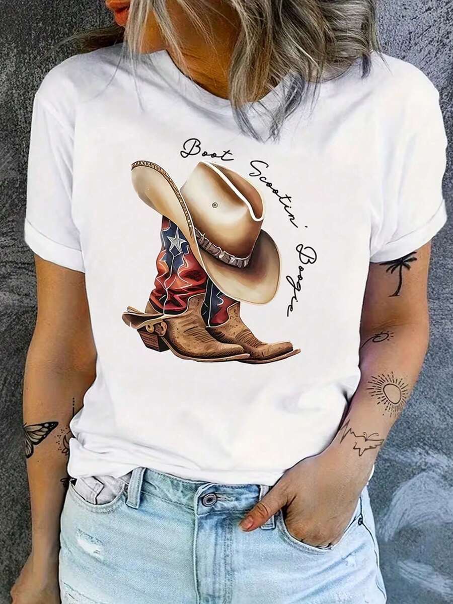 Camiseta Casual de Cuello Redondo para Mujer, Estampado de Botas Vaqueras "Boot Scootin' Boogie", Camiseta de Manga Corta Estilo Western Country - Blanco - Ver 1