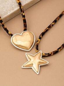 1 pieza Collar con colgante de corazón y estrella geométrica exagerada, elegante y de moda bohemia para mujeres, adecuado para vacaciones, fiestas y uso diario - Collar con colgante de estrella de cinco puntas en forma de corazón - Ver 1