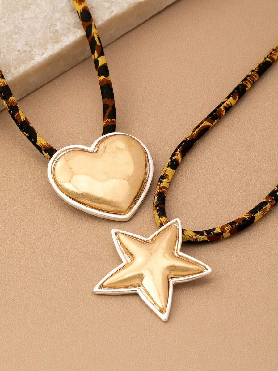 1 pieza Collar con colgante de corazón y estrella geométrica exagerada, elegante y de moda bohemia para mujeres, adecuado para vacaciones, fiestas y uso diario - Collar con colgante de estrella de cinco puntas en forma de corazón - Ver 1