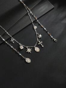 2pcs/Set Men's Double Layer Y-Shaped Necklace Set, Silver Tone Colorful Rhinestone Cross And Virgin Mary Pendant Necklace, Gothic Street Style Jewelry - White K - View 6
