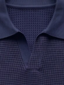 Men's Solid Color Waffle Knit Polo Shirt, Short Sleeve, Casual Top, Thin - Navy Blue - View 9