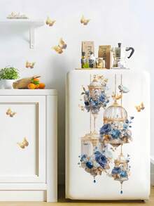 1pc Golden Birdcage, Klein Blue Rose, Floral & Butterfly Wall Decor Sticker, Removable Wall Decal For Bedroom, Living Room And Room Decoration - 1PC - View 2