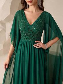 SUPGIR Women's V-Neck Floating Patchwork Sleeve Sequin Patchwork Chiffon Slit Fitted Evening Gown - Dark Green - View 4