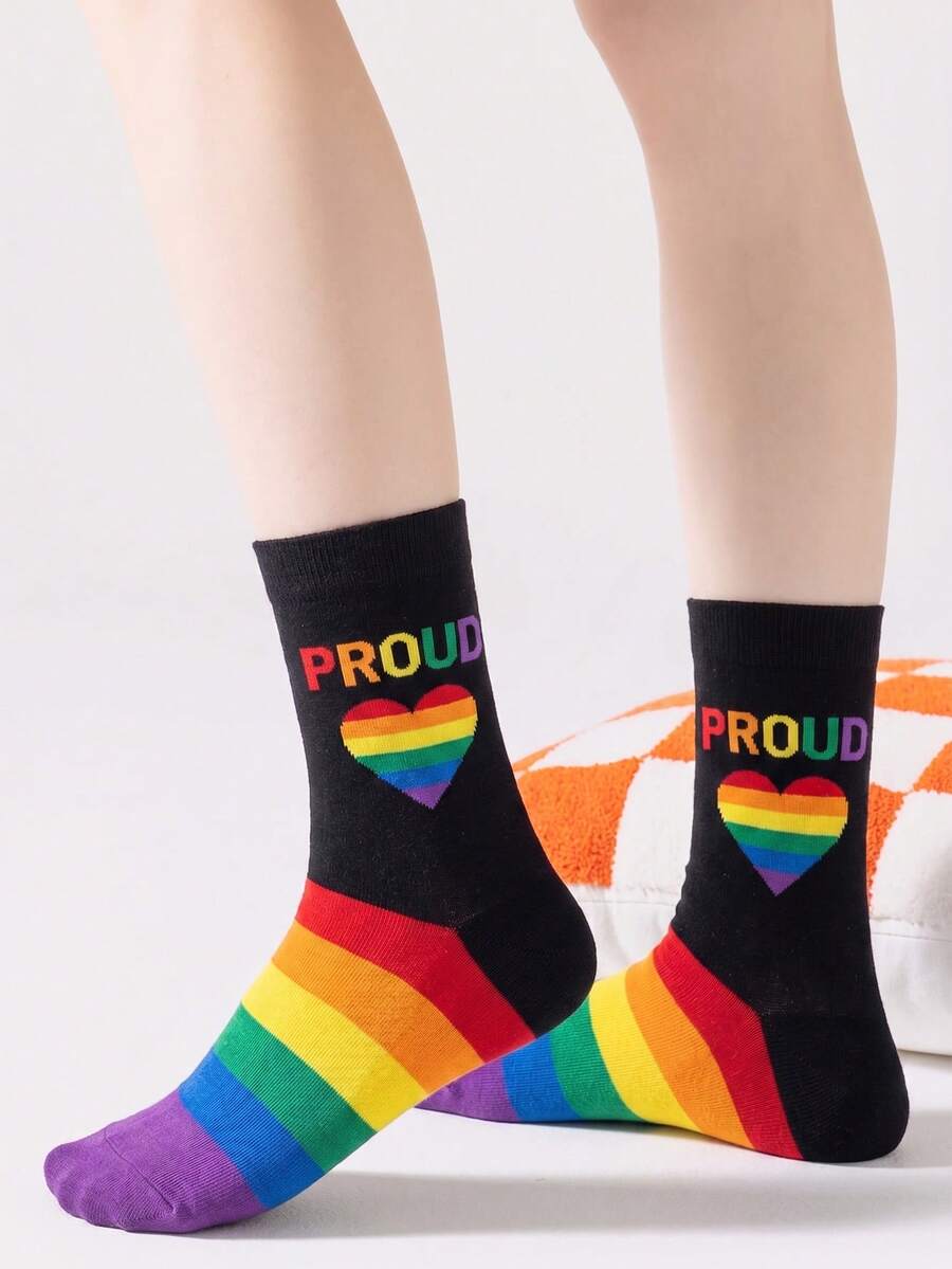 1/3 pares de calcetines negros de orgullo LGBTQ hasta media pantorrilla, con estampado de letras en degradado arcoíris, puño a rayas, calcetines de tripulación de punto casual para ropa de calle - Multicolor - Ver 1