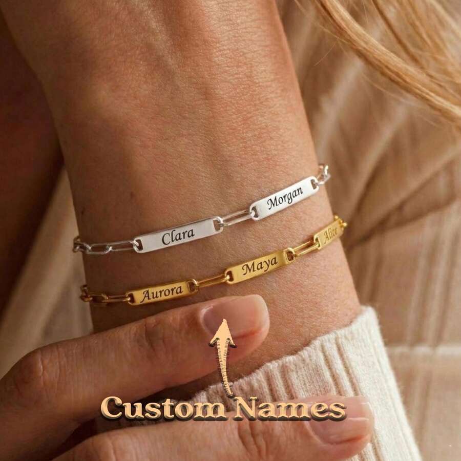 Paperclip Chain Custom Mini Name Bar Bracelet, Sterling Silver Personalised Name Bracelet, Birthday Gift, Mother's Day Gift, Family Keepsake - Multicolor - View 1