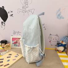Mochila de patchwork a cuadros & lunares, mochila escolar de cordón estilo femenino para estudiantes, mochila ligera estilo academia japonesa - Multicolor - Ver 4