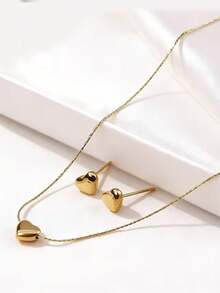 RAYQUEEN Minimalist Stainless Steel Perforated Small Heart-Shaped Fashion Versatile Heart Necklace And Stud Earrings Set Jewelry For Women, Suitable For Daily Wear - Gold - View 5