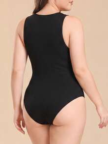 Plus Size Ribbed High Neck Bodysuit For Women, Racerback Tummy Control Butt Lifting Shapewear - Black - View 4