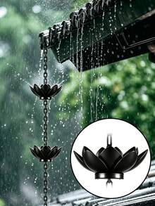 1pc Black Lotus Metal Rain Chain, Wind Chime Iron Art Decoration, For Rainwater Collection, Functional Decorative Hanging Chain, Iron Craft Decorative Ornament, Suitable For Outdoor Garden Yard Patio Decoration - Lotus - View 2