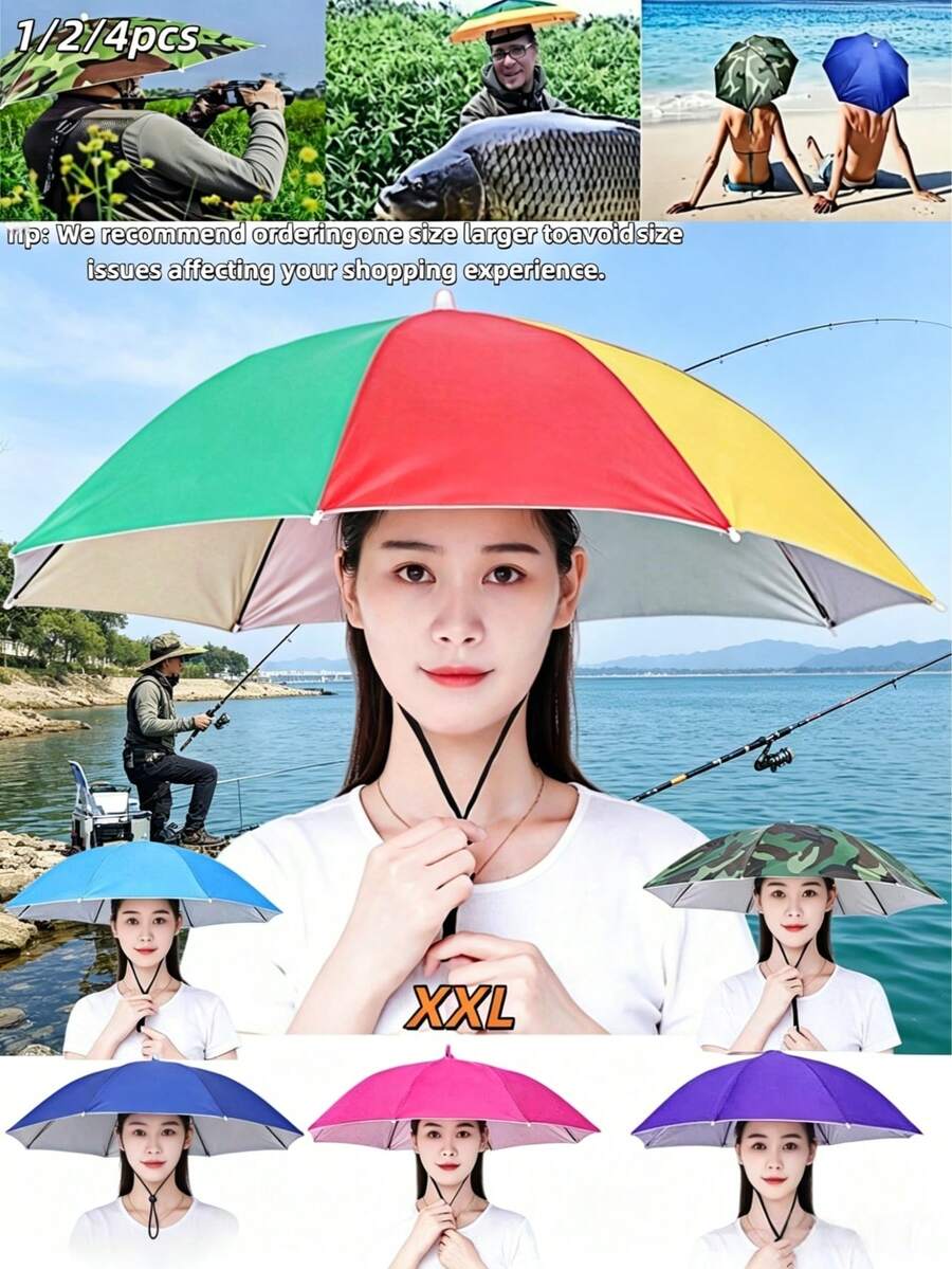 1/2/4pcs Summer Combo Set Women Multi-Color Upgraded Hands-Free Umbrella Hat, 360° Sunshade Elastic Headband Lightweight Women's Umbrella Alternative, Outdoor Sunshade UV Protection Travel Umbrella, Camping Beach Vacation Essential