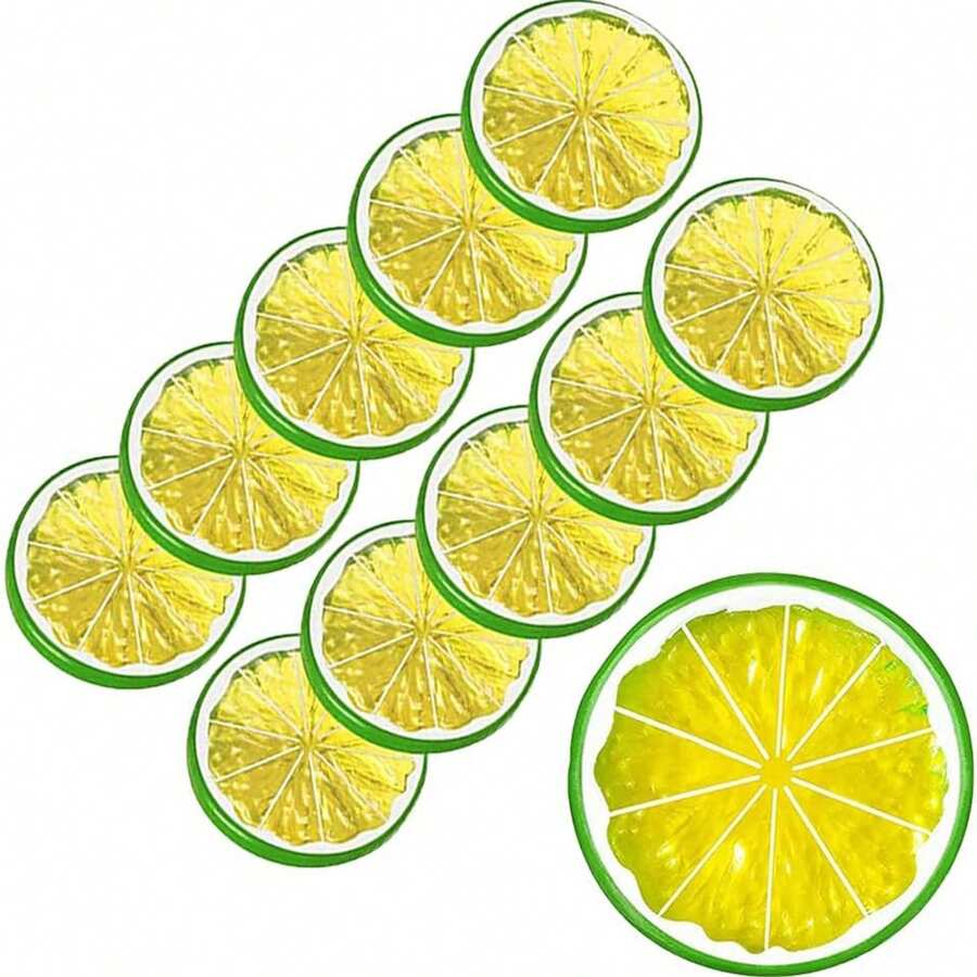10 piezas de rodajas de limón artificiales, rodajas de limón falsas modelo de fruta realista para decoración de fiesta, hogar, cocina, restaurante, sala de estar, jardín exterior, regalo del Día de la Madre, cumpleaños, temporada de graduación, temporada de bodas, accesorios de fotografía - Verde - Ver 1