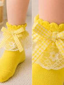 1 Pair Girls' Ruffle Lace Bow Short Socks, Princess Style Frill Baby Socks - Yellow - View 3