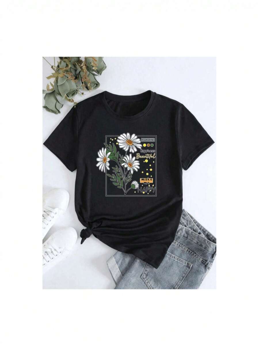 Loose-Fitting T-Shirt With Sunflower Print For Girls Of All Ages - 黑色 - 查看 1
