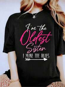 Soy la hermana mayor, yo hago las reglas - Camiseta familiar para hermanos - Manga corta, casual, transpirable, cómoda, esencial para verano y primavera - Camiseta estampada con gráficos par - Negro - Ver 1