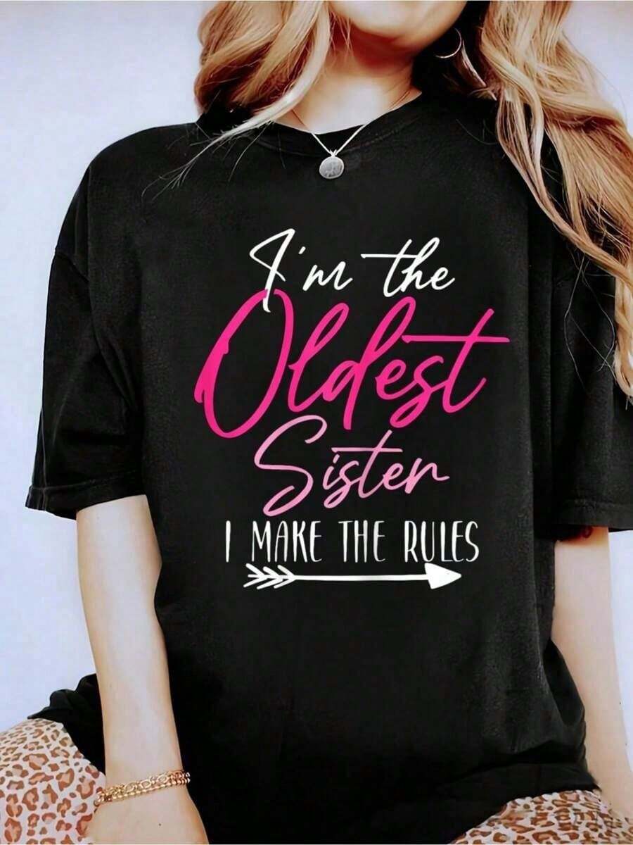 Soy la hermana mayor, yo hago las reglas - Camiseta familiar para hermanos - Manga corta, casual, transpirable, cómoda, esencial para verano y primavera - Camiseta estampada con gráficos par - Negro - Ver 1
