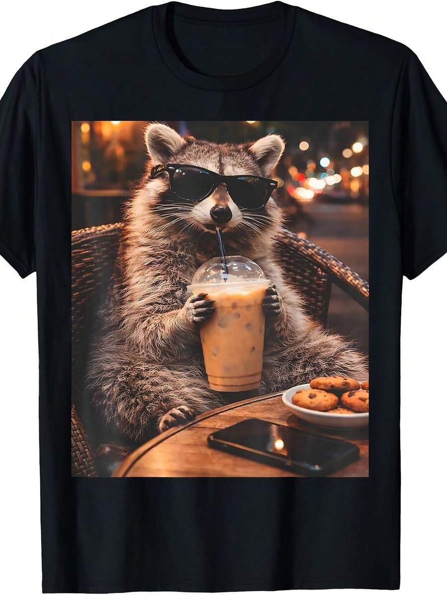 T-shirt imprimé pour femmes, motif raton laveur buvant un café glacé, meme animal drôle, T-shirt pour femmes, ensembles décontractés d'été, T-shirt pour hommes, vêtements d'été pour hommes - Noir - Voir 1