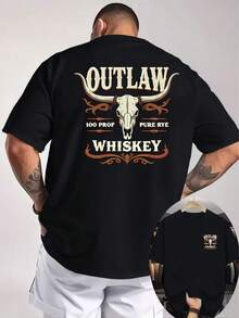 Camiseta de Hombre con Estampado de Doble Cara de Whisky Outlaw Western, Elementos Retro Americanos, Camiseta Holgada Vintage para Entusiastas de la Cultura Occidental, Tallas Grandes - Negro - Ver 1