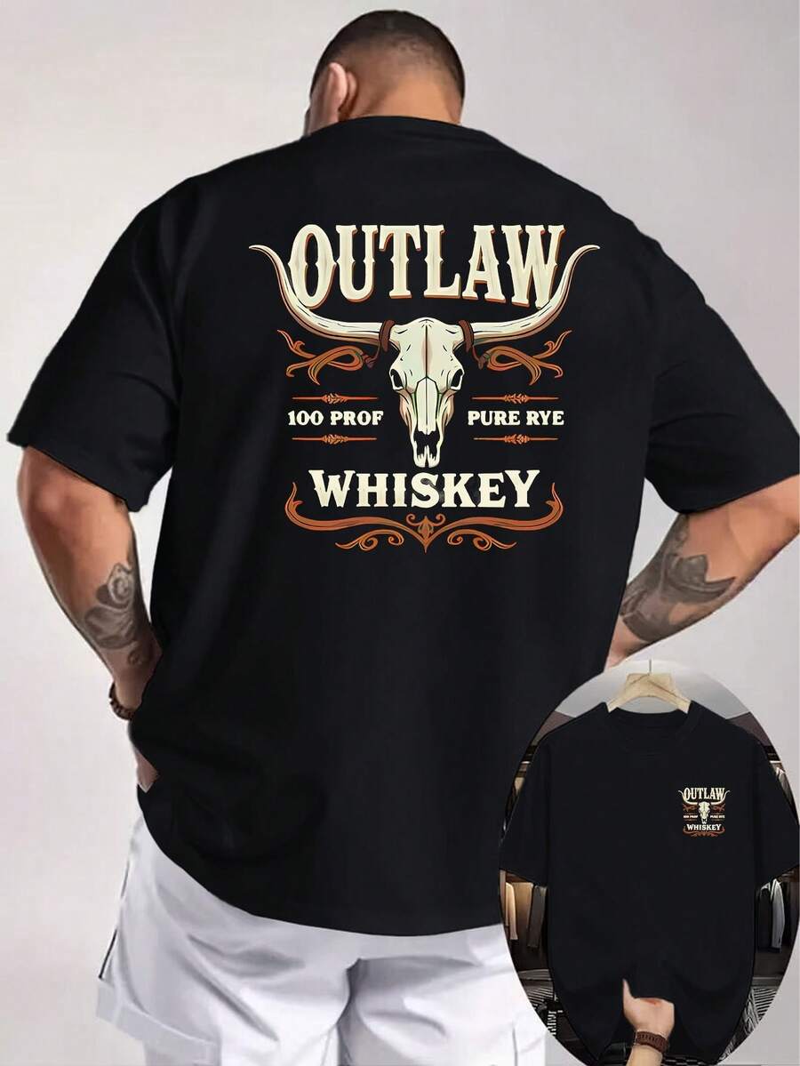 Camiseta de Hombre con Estampado de Doble Cara de Whisky Outlaw Western, Elementos Retro Americanos, Camiseta Holgada Vintage para Entusiastas de la Cultura Occidental, Tallas Grandes - Negro - Ver 1