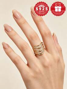 1pc 925 Sterling Silver Wave V-Shaped Cubic Zirconia Inlaid Ring, Size 7-11, Daily Wear Valentine's Day Gift, Comes With Gift Box - Gold - View 4