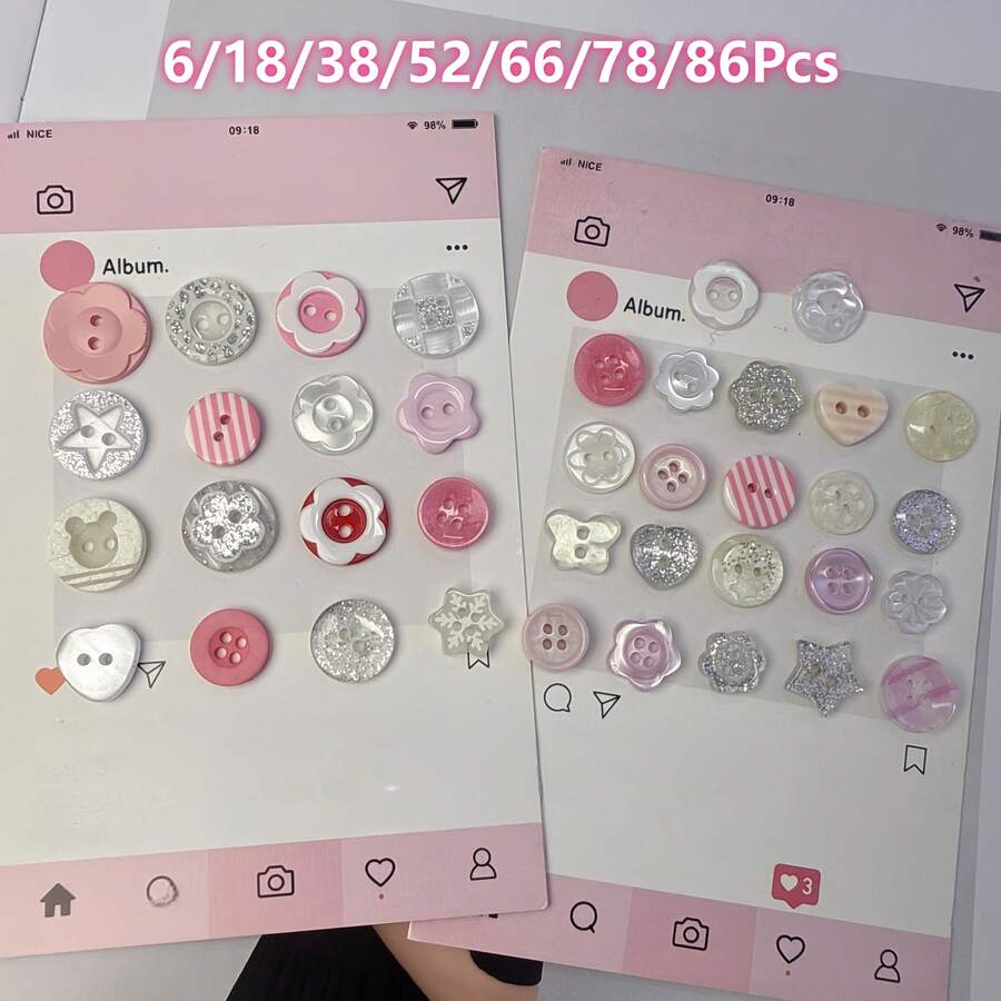 6/18/38/52/66/78/86Pcs Random Style Ins Style Colorful Buttons DIY Handmade Resin Decorative Beads Accessories Cute Buttons Clothing Accessories - Multiple Styles - View 1