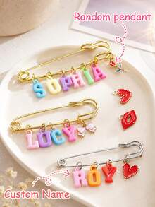 Custom Name Baby Safety Pin Brooch - Personalized Colorful Letter Pendant Brooch, Sweet Style Bow & Heart Children's Commemorative Jewelry, Birthday Gift - Multicolor - View 2