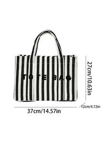 Fashionable Large Capacity Striped Tote Bag, Letter Decoration, Suitable For Women Shopping, Commuting And Daily Use - Black - View 3