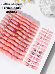 288片(12款)長款棺材形3D凝膠美甲貼片，珍珠裝飾設計，法式美甲貼片，長款完美貼合假指甲組，易於佩戴，適用於法式美甲、夏季美甲 - 彩色 - 查看 3
