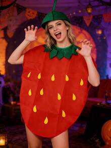 2pcs Christmas Party Performance Strawberry Costume Set For Men And Women, Includes Headpiece, Suitable For Various Holiday Parties And Youth Dances. Vibrant Red And Green Polyester Blend Fabric,Halloween - Multicolor - View 3