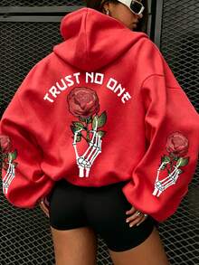 Plus Size Women's Halloween Rose Print Long Sleeve Hooded Thin Sweatshirt, Loose Fit High Street Couple Sweatshirt Top, Autumn/Winter Casual Style - Red - View 1