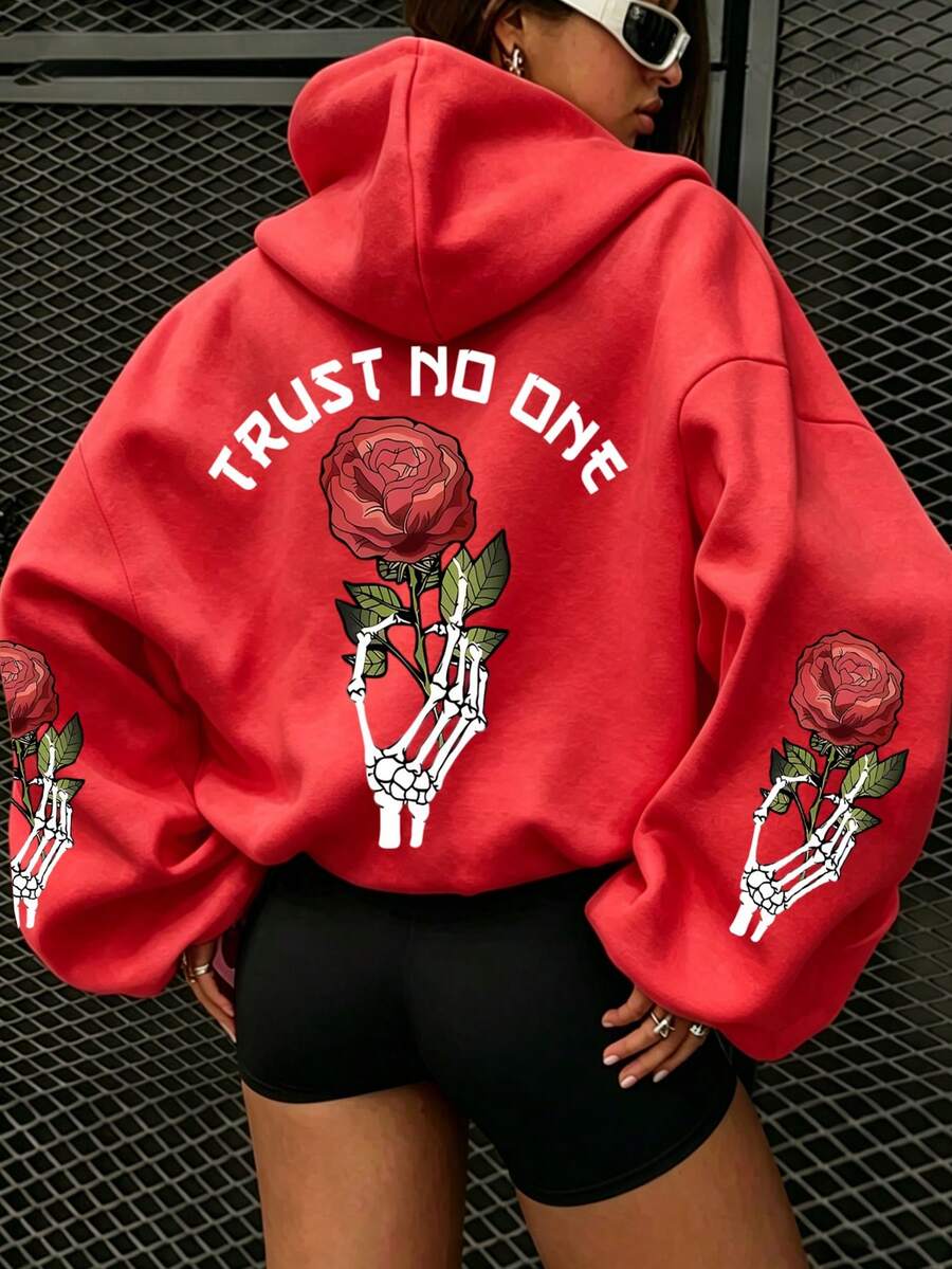 Plus Size Women's Halloween Rose Print Long Sleeve Hooded Thin Sweatshirt, Loose Fit High Street Couple Sweatshirt Top, Autumn/Winter Casual Style - Red - View 1