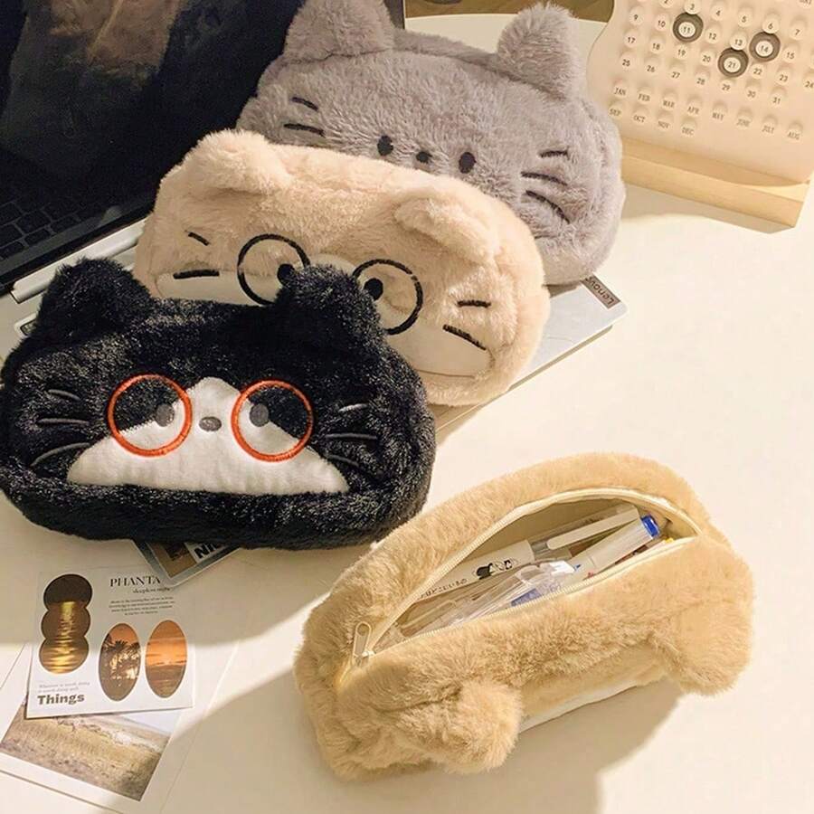 1pc Cute Animal Glasses Plush Pencil Case, Inspired By High-Quality Soft Comfortable Large Capacity Design, Smooth Zipper Storage Space, Suitable For Student School Supplies Organization And Office Stationery Storage, Back To School Reward Birthday Holiday Creative Pencil Case - Multicolor - View 1