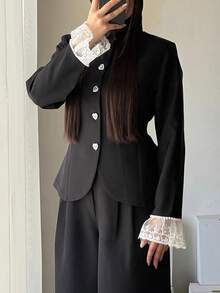 Women's Elegant Commuter Blazer With Padded Shoulders, Solid Color Lace Patchwork Front Button Metal Buttons Pearl Office Daily Date Black Fall - Black - View 6