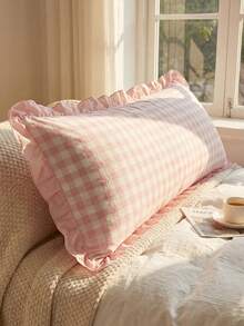 1 Stück süßer rosa Rüschen minimalistischer karierter plissierter langer Bolsterbezug - Weicher Polyesterstoff, dekorativer Lendenkissenbezug für Schlafzimmer und Sofa, Frühlingsdekoration, geeignet für alle Jahreszeiten - Pink - Übersicht 7
