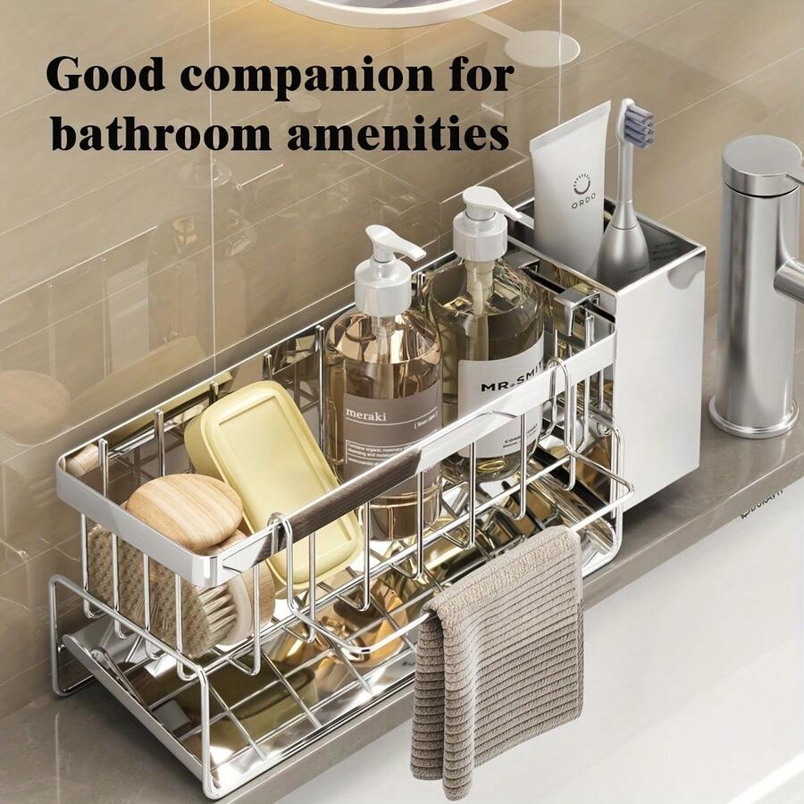 1pc Stainless Steel Sink Organizer With Drip Tray, Rust-Proof Kitchen Storage Rack - Rust-Proof Kitchen Storage Shelf For Sponges, Soap Dispensers And Cleaning Cloths - Durable Countertop Accessory, Kitchen Sink Sponge Holder