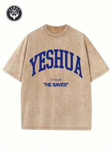 Camiseta Heavyweight Faith, con estampados de Jesús y de la escritura de Hebreos 7:23, estilo callejero vintage lavado en verde oliva/lavanda, corte holgado con hombros caídos, ropa casual p - Café integral - Ver 1
