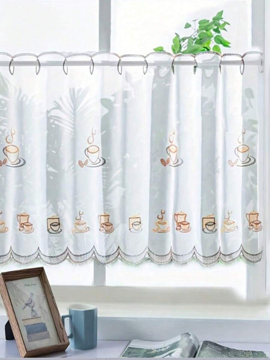 1pc Coffee Cup Shaped Sheer Curtain, Warm And Translucent For Balcony, Kitchen, Bedroom - White - View 1
