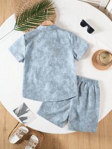 Tween Boy Casual Minimalist Collared Cardigan Shirt And Shorts 2 Pieces Set, Suitable For Summer - Dusty Blue - View 5