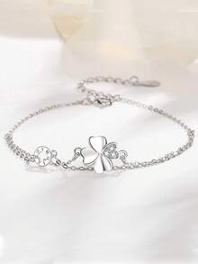 1pc S925 Sterling Silver Romantic Lucky Four-Leaf Clover Double Layer Bracelet, Minimalist Classic Design, Fresh Gentle Elegant High-End Versatile Women's Jewelry, Suitable For Daily Wear Exquisite Fashion Accessory, Perfect Gift - Four-leaf Clover - View 1